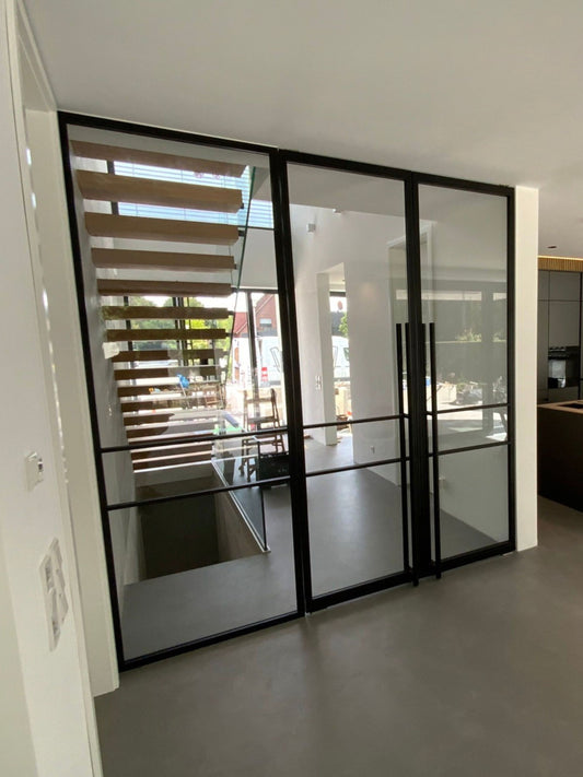 Lofttür Doppeltür in schwarz mit Seitenteil und Klarglas - 2300 × 2400 mm