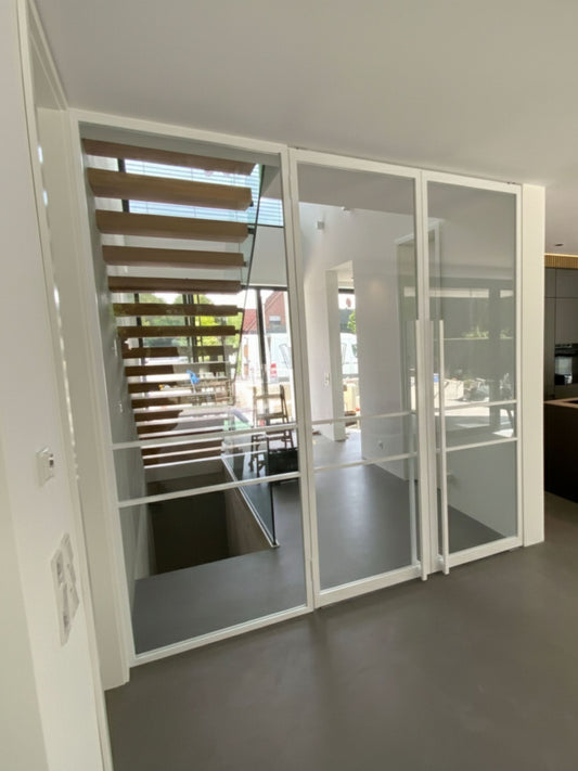 Lofttür Doppeltür in weiß mit Seitenteil und Klarglas - 2300 × 2400 mm